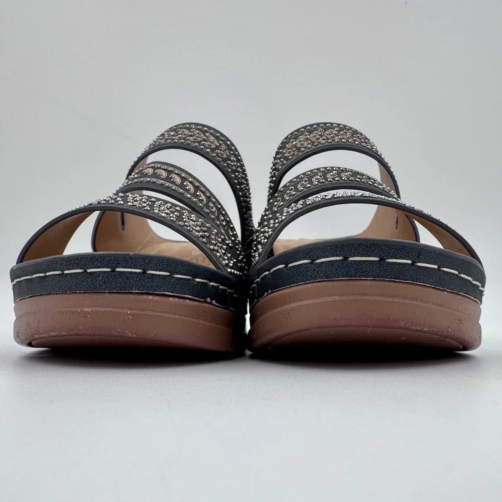 Extreme Comfort Womens Navy Blue Embroidered Wedge Slide Sandals Size 6 EU 36‎
